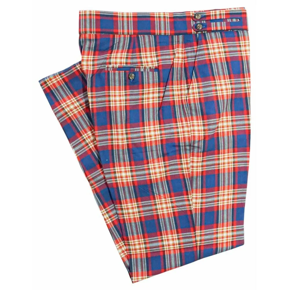 Mens Gurkha Pants 38 Blue Red Beige Plaid Dress Trousers Straight Fit Flat Front